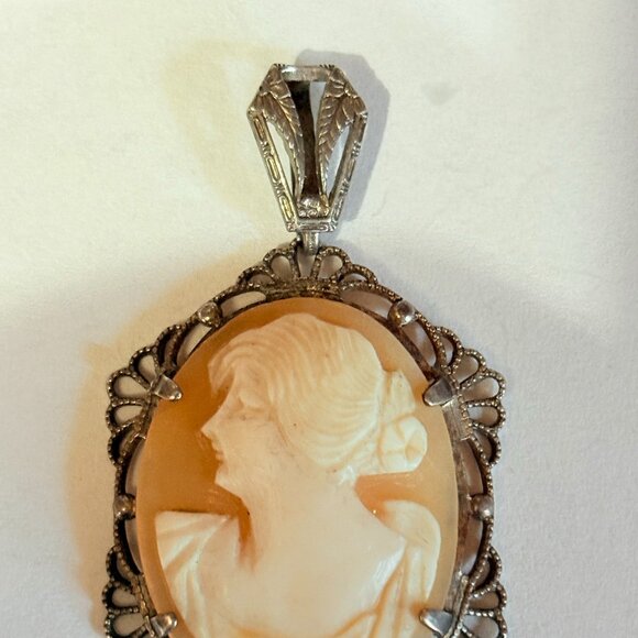 OLD VICTORIAN Sterling Silver FILIGREE CARVED SHELL CAMEO Left Facing PENDANT! - Picture 3 of 5